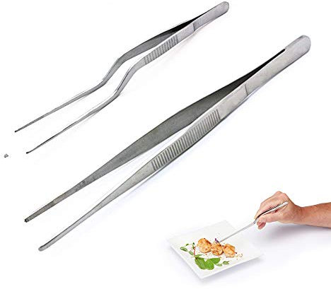 2-Piece Stainless Steel Kitchen and Culinary Cooking Tweezers Set,Precision Serrated Tips Chef's Tongs for Cooking Food Design,Garnish,Cake Decorating