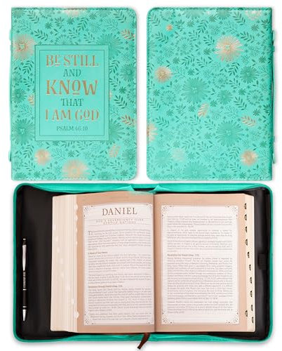 Christian Art Gifts Damenmode Bibelhülle Be Still and Know Psalm 46:10, türkis/goldfarben, florales Kunstleder, Größe M