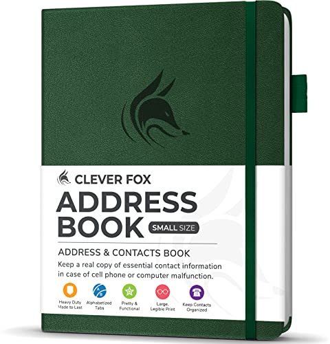 Clever Fox Adressbuch mit alphabetischen Registerkarten – Telefon- und Adressbuch aus PU-Leder, zur sicheren Aufbewahrung von Kontakten, Kontakt-Organizer, Tagebuch, kleine Größe (10,5 x 14 cm), | 10,2 x 14 cm, PU-Leder-Hardcover, Alphabet-Tabs, 120 g/m²-Papier, Taschen-Telefonnummern-Kontaktbuch für Geldbörse, Senioren,