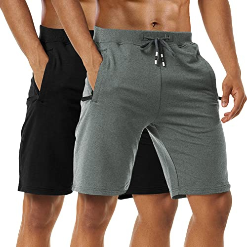 Boyzn 2 pack sportshorts för män, bekväma bomullsträningsshorts, elastisk midja, löparshorts med dragkedja, 2pack-svart/mörk grå, XXL