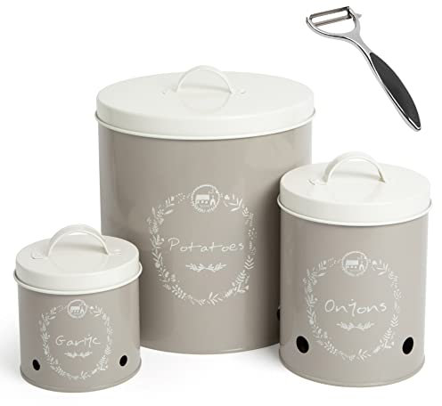 Katai Set di contenitori per verdure per patate, cipolle e aglio, contenitori in metallo con coperchio, include pelaverdure, ideale per piano di lavoro o dispensa, bidoni in alluminio grigio, 3 misure