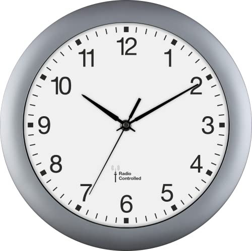 EUROTIME Radio Controlled Wall Clock, 30 cm, Plastic Case, Curved Real Glass, Automatic Time and Time Conversion from Summer and Winter Time, Wall Clock for Kitchen and Living Area, Silver, 56780-07