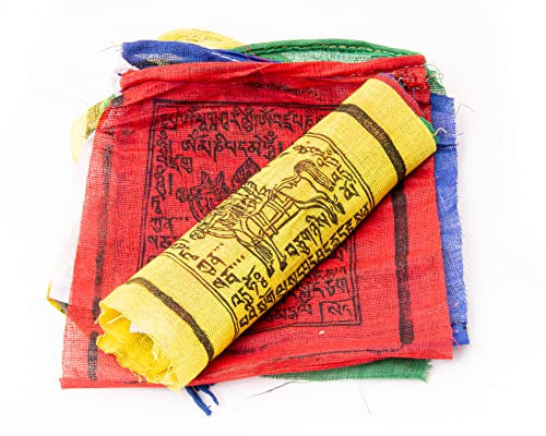 YAKEBA | Bandiera di preghiera tibetana - 1,35 Metri| 10 Bandiere tibetane (17x17cm ciascuna) | 100% Cotone | Stampa tradizionale in legno | Catena a bandiera in tessuto per esterni