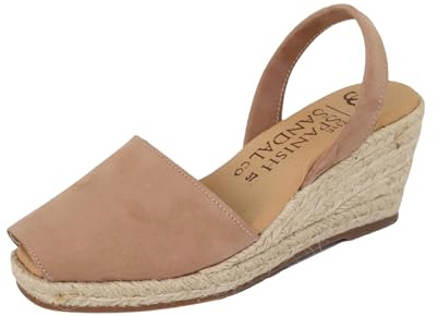 The Spanish Sandal co Espadrilles Wedges for Women, Dressy Soft Leather Peep Toe Womens Espadrille Sandals, Comfortable Casual Summer Slip On - Tan Nubuck