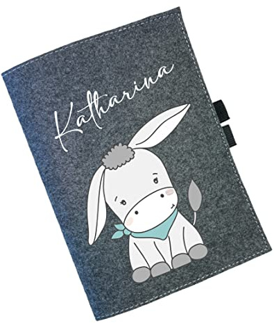 U-Heft Hülle Filz mit Namen | Personalisierte Schutzhülle Mutterpass Impfpass | Notizbuchhülle Kinder Jungen Mädchen DINA5 | Motiv Esel