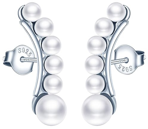 MICMIF Perlen Ohrstecker für Frauen - 925 Sterling Silber Ohrclimber, Sechs Perlen Knorpel Gebogene Ohrringe - Elegante Hypoallergene Ohrringe für Damen und Mädchen