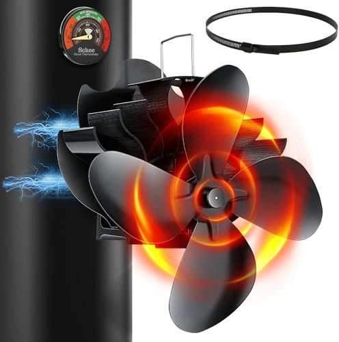 Kaminventilator Magnetisch,Ofenventilator Ohne Strom mit Thermometer Blättern Kaminventilator, Leiser Kaminventilator Ofenventilator Kaminlüfter für Kaminofen/Kamin/Ofen/Holz/Ofenrohr