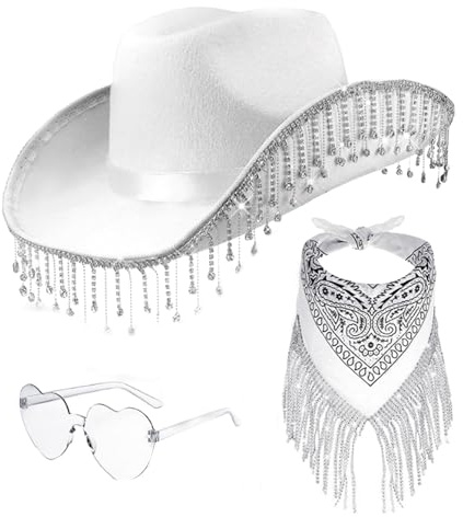 Shurzzesj Cowboy Hut Mit Halstuch Und Herzbrille, Cowgirl Hut Set Kostümzubehör, Damen Rosa Cowboyhut, Strass-Quasten Cowboyhut Cosplay Zubehör Für Damen