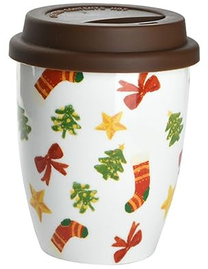 Mikinona Keramikbecher ohne Henkel Kaffeebecher mit Silikondeckel Weihnachtstasse für Tee Heiße Schokolade Cappuccino und Andere Getränke