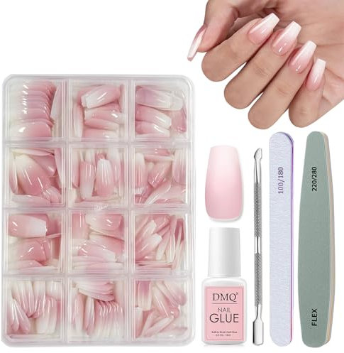 DMQ False Nails Kit with Glue, 240Pcs Natural Gradient Pink Fake Nails, Acrylic Coffin Press on Nails Pink Tips, 12 Sizes Glossy Full Cover Stick on Nail for Women Girls Manicure Art