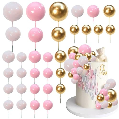 LAWALEISHE 50 Pcs Ball Cake Topper Decorations, Mini Balloon Cake Topper Sticks, Pink Gold White Birthday Cake Decorations for Wedding Anniversary Baby Shower Party