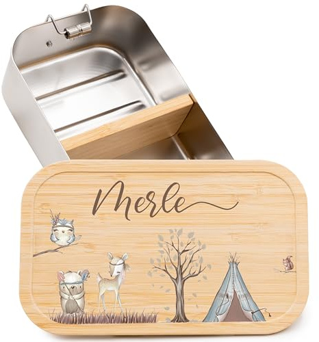 Kidsmood - Personalisierte Brotdose Kinder mit Fächern, Edelstahl Lunchbox mit Bambusdeckel | Schadstoffrei bedruckt, mit niedlichem Tier-Motiv & Namen, Geschenke zur Einschulung Mädchen & Jungen