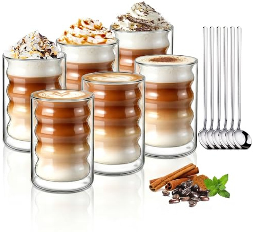 ecooe 350 ml kaffeglas med dubbla väggar latte macchiato-glas set om 6 unika spiralformade glas, dubbelväggiga kaffeglas teglas för cappuccino, te, is, mjölk, present till kvinnor vän/i