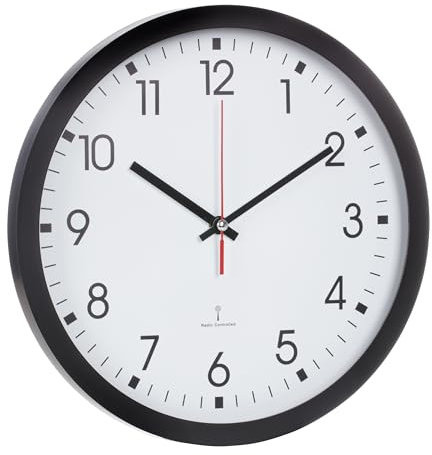 TFA Dostmann Analogue Radio-Controlled Wall Clock, 60.3522, with Second Hand, Glass Cover, Large Dial, 30 cm Diameter (Black)