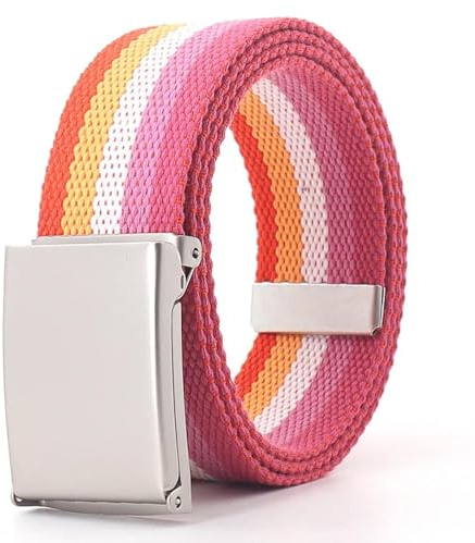 YUEZHAN Gürtel 120Cm Bunte Streifen Canvas Gürtel Für Frauen Jeans Bund Verstellbarer Gürtel Männer Outdoor Reise Taktische Metalls Chnalle Gürtel Rosa Weiß