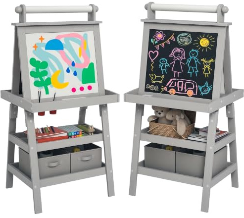 AIYAPLAY Art Easel for Kids, Kids Easel with Paper Roll, 3-6 Years Grey | 3 in 1 Design, Double-Sided Magnetic Whiteboard and Chalkboard, Storage Baskets
