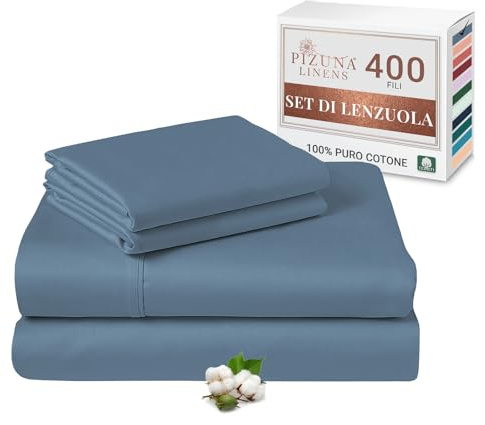 Pizuna Set lenzuola letto super king Cotone 180x200 cm Dusty blue, 400 fili in 100% cotone a fiocco lungo Sateen Completo lenzuola con 1 lenzuolo con angoli, 1 lenzuolo sopra, 2 federe