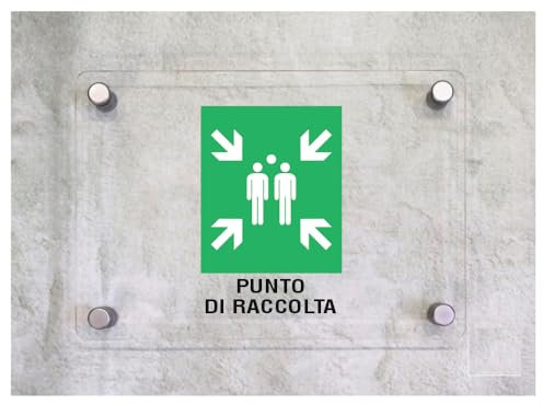 Global Targa Cartello in plexiglass - PUNTO DI RACCOLTA - Con Distanziali in acciaio inox, Stampa UV (20x31 cm)