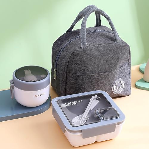 Bento box per adulti e bambini, set di scatole bento da 1100 ml, con borsa isolata, posate, tazza da zuppa, resistente, a prova di perdite, con scomparti, scatola per alimenti per uomini, donne,