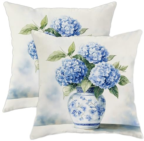 Set di 2 federe per cuscini con ortensia, decorazione floreale azzurra, federe per cuscini da giardino primaverile, per divano, letto, divano, 40,6 x 40,6 cm