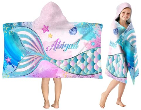Jodimitty Personalised Hooded Beach Towel for Kids 76x127cm Microfibre Poncho Towel with Concealed Button, Custom Name, Lightweight Quick Dry Bath Towel, Customised Gift (Mermaid 2)