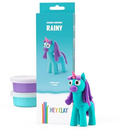 HEY CLAY Modelliermasse lufttrockener Ton mit lustiger interaktiver App – Modelliermasse und Bastelset für Kinder im Alter von 3 bis 8 Jahren – Serie Regenbogen-Einhörner, 3 Dosen (Regen)