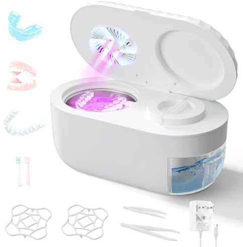 Feebee Pulitore Ultrasuoni 45000Hz Portatile UV Pulitore Ultrasuoni Apparecchio Denti per Dental Pod, Ultrasonic Cleaner per Protesi Dentali, Allineatori, Ferule Dentali e Gioielli