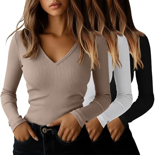 Ficerd Lot 3 Chemises Côtelées Femme | Tops En Coton Col V Pour Sorties, Tenues Décontractées De Bureau, Sous-pulls Basiques AjustéS Pour Sous Les Uniformes
