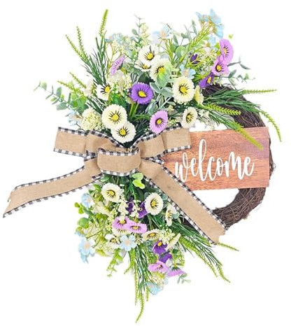 Zkydhbd Künstlicher Frühlingskranz Mit Begrüßungsschild Simulation Blumenkranz Für Vordertür Wand Hochzeitsgarten Bauernhäuser