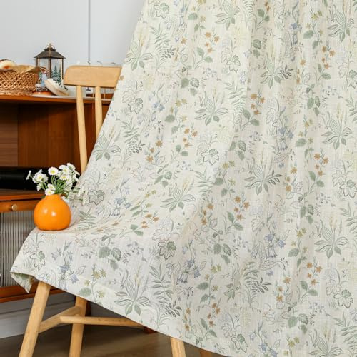 Moslovstar Leinen-Vorhänge mit Blumenmuster, halbtransparent, Bauernhaus-Fenstervorhänge, Wohnzimmer, Schlafzimmer, Schlaufenvorhänge, 132 x 213 cm (B x L), 2 Paneele