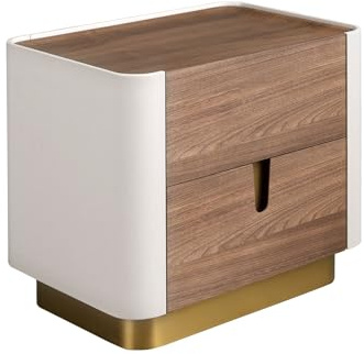 Angel Cerdá – Mesita de Noche Rectangular con Cajones – Diseño Elegante, Cálido y Funcional – 60 X 42 X 50 Cm – Estructura Nogal Natural, Frente en Beige Mate y Base Acero Inoxidable Dorado Pulido