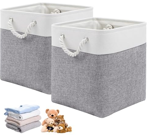 LZYDKH Lot de 2 boîtes de rangement 33 x 33 x 33 cm - Panier de rangement en tissu pliable avec poignées pour le rangement des vêtements (blanc/gris)