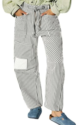loveimgs Women Baggy Barrel Jeans Patchwork Denim Striped Pants Mid Rise Wide Leg Jeans Drawstring Boyfriend Fall Sweatpants (X-Large,Grey)