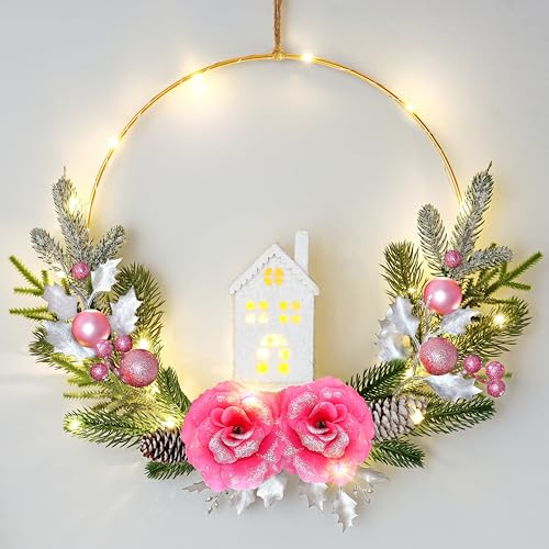 Dremisland Fensterdeko Weihnachten LED Dekoring Prelit Weihnachtskranz mit Beleuchtetem Haus Türkranz für Haustür 40cm Tannenkranz Rose Adventskranz Winter Kranz Weihnachtsdeko Innen Außen Wohnkultur