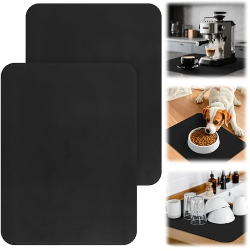 FICOFISE Super Absorbent Quick Dry Draining Mat, 2 Pcs 30x40cm - Anti Slip Washable Dish Drainer Mat for Kitchen Counter, Coffee Machine Mat for Home Bar Pub Worktop (Black)
