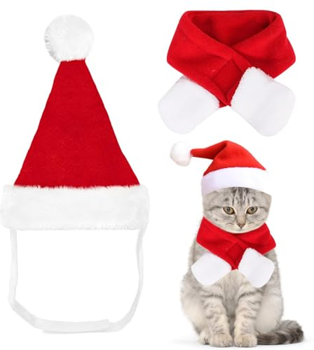 Katzen Hunde Weihnachtskostüm, Weihnachtsmütze und Schal Haustier Kostüm, Rot Hund Weihnachten Kostüm, Lustig Katzenbekleidung Hundebekleidung, für Klein Hund Katze Weihnachts Outfit Geschenk