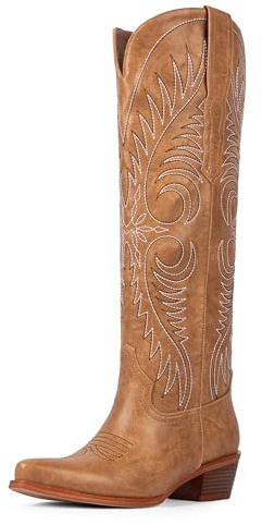 Modatope Tan Cowboy Boots for Women Knee High Wide Calf Cowgirl Boots Embroidered Pointed Toe Chunky Heel Western Boots Pull On Tall Boot Size 8