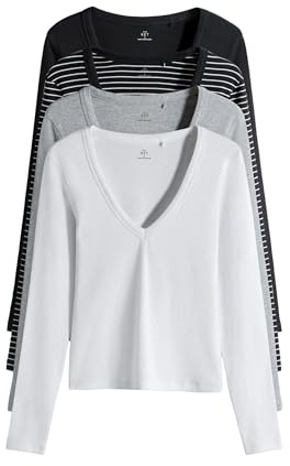 THE SET Mujeres Pack de 4 Camisetas de Manga Larga de canalé con Cuello de Pico Pronunciado Black/Stripe/Grey/White L