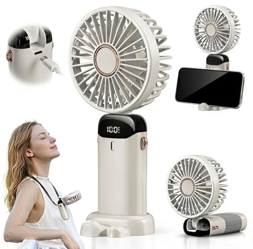 MENZZA® Ventilador Portatil 3 En 1 I 5 Velocidades I Ventilador De Mesa Recargable Por USB I Mini Ventilador Silencioso De Mano + Base + Cuerda Cuello Incluidas I 5000mAh.