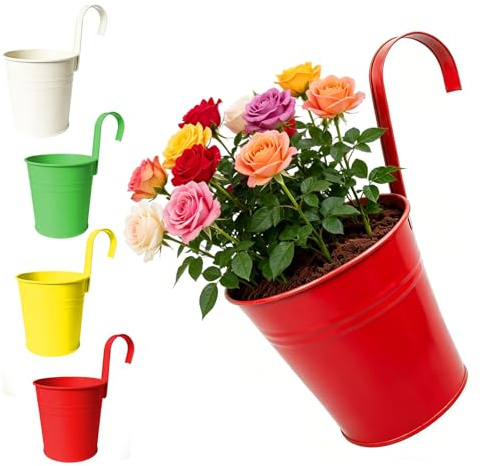 YNNHUDEEP Set di 4 vasi da fiori sospesi per esterni, 16 cm, altezza 26 cm, con staffa rimovibile e foro di drenaggio, per balcone, ringhiera, terrazza, in ferro zincato, resistente alle intemperie