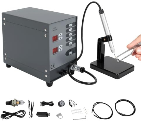 CHIMHOON Poste à souder à points automatique 220V avec double écran LCD pour bijoux | Poste à souder électrique à impulsion 100 W, temps de soudage réglable 3-30 ms, IP21, compact, aluminium, 50-600 A, Argon