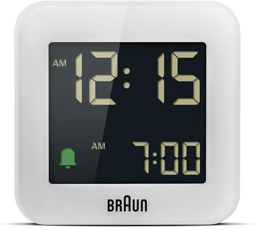 Braun Digitaler Reisewecker Schlummerfunktion, kompakte Größe, Negatives LC-Display, Schnelleinstellfunktion, Crescendo-Alarm in Weiß, Modell BC08W.