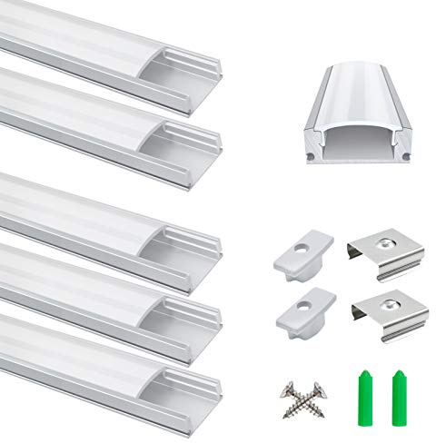 LightingWill Aluminum Profile Channel 5-Pack 3.3ft/1Meter Silver U-Shape LED Diffuser With Milky White Cover, End Caps and Mounting Clips for Strip Lights U02