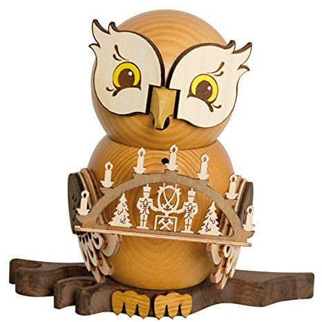 Drechslerei Kuhnert Rauchfigur/Räucherfigur - Eule mit Schwibbogen aus Massivholz - ca. 15 cm - Made in Germany