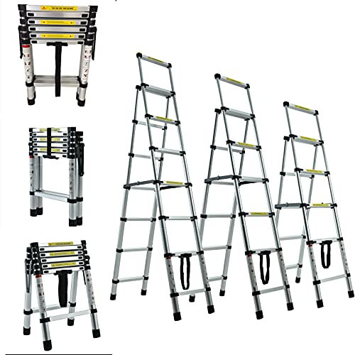Telescopic Ladder Folding Ladder 1.7 + 2 m Aluminium Ladder Non-Slip 5 + 6 Step Ladder Extendable Ladder Multi-Purpose Loft Ladder Stabiliser 150 kg Load Capacity EN131