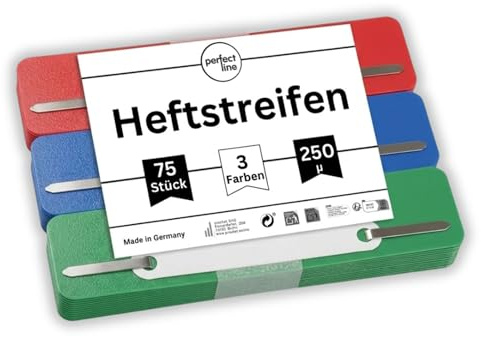 perfect line • 75 Heftstreifen (3x25 Stk.), recycelbarer Kunststoff, MADE IN GERMANY (blau, rot, grün)
