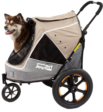 Passeggino e rimorchio per cani 2 in 1 Innopet Sporty Evolution Latte - Beige/Grigio, capacità 30 kg con copertura antipioggia - Passeggino per gatti e buggy per animali domestici