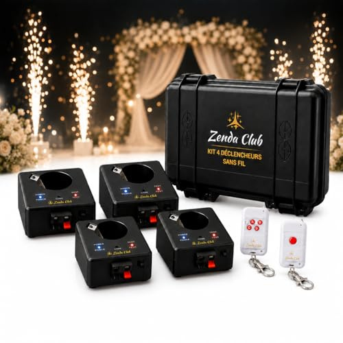 Zenda Club® Kit de 4 disparadores de nueva generación - Sistema de tiro para chorros de escenario y fuegos de artificio fríos - Encendido remoto inalámbrico - Maleta + 2 mando a distancia - Seguridad