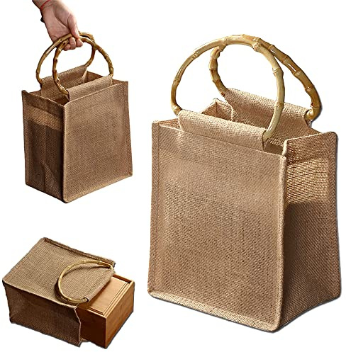 CaiYuanGJ Borsa in Juta con Manici Bambù - Riutilizzabile e Portatile per Spesa, Artigianato e Confezione Regalo