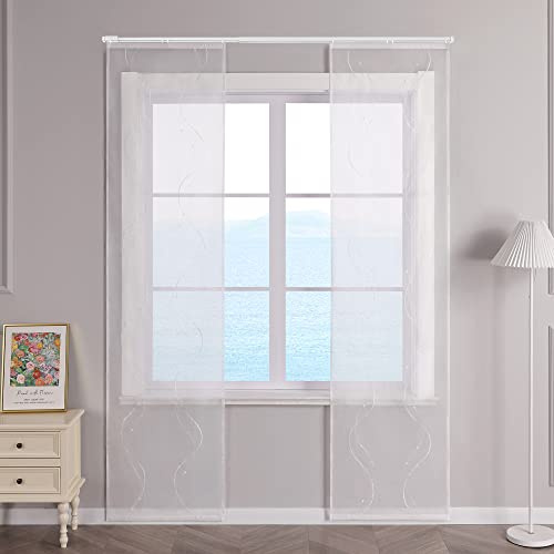 ESLIR Schiebegardinen Voile Flächenvorhänge Set 2er Schiebevorhang Wohnzimmer Gardinen mit Klettband Transparent Vorhang Bestickt Weiß BxH 57x225cm 2 Stück